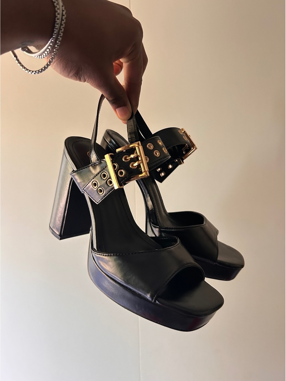 Newbella Black Platform High Heel Sandals with Gold Buckle